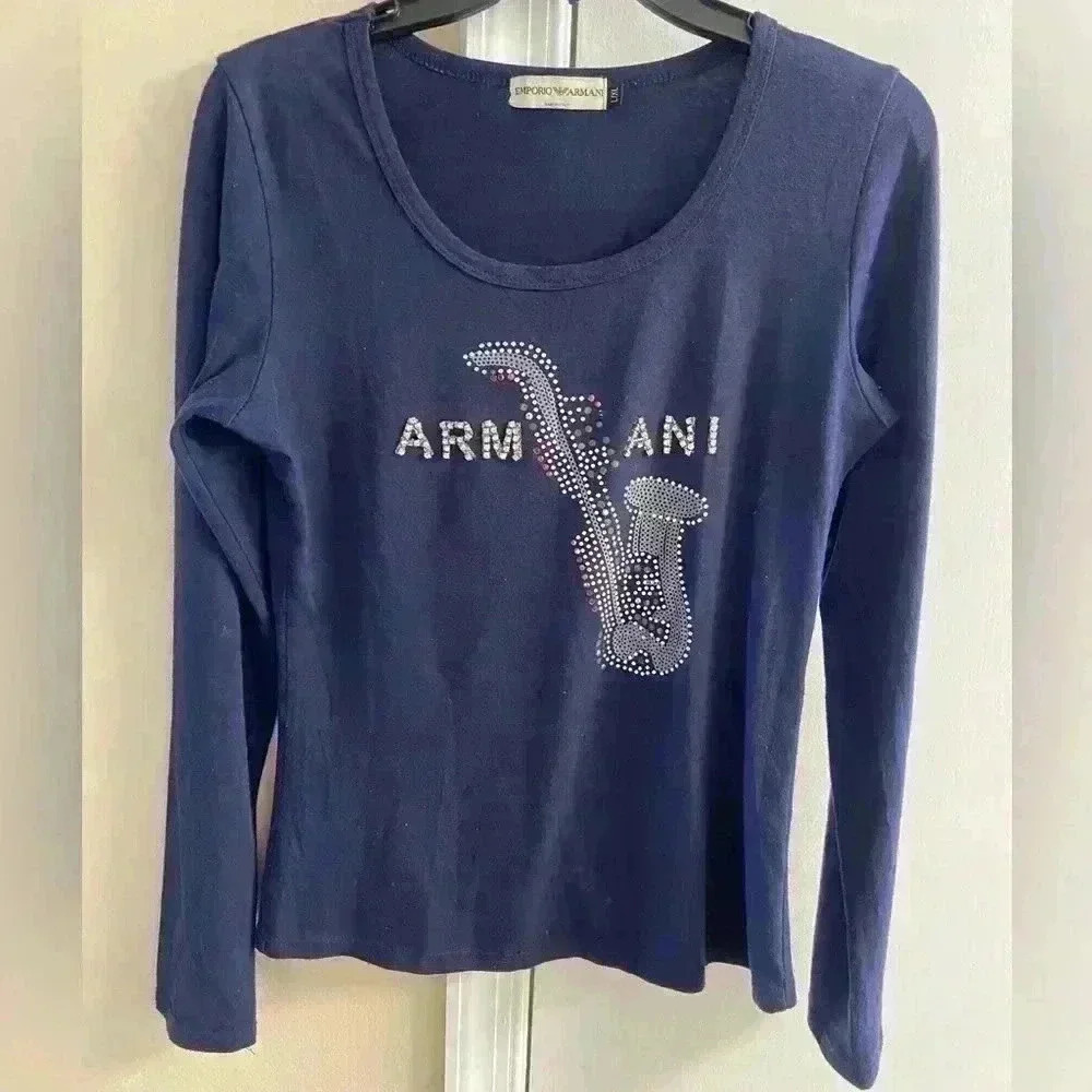 Emporio Armani Navy Blue Long Sleeve Studded Crewneck Large